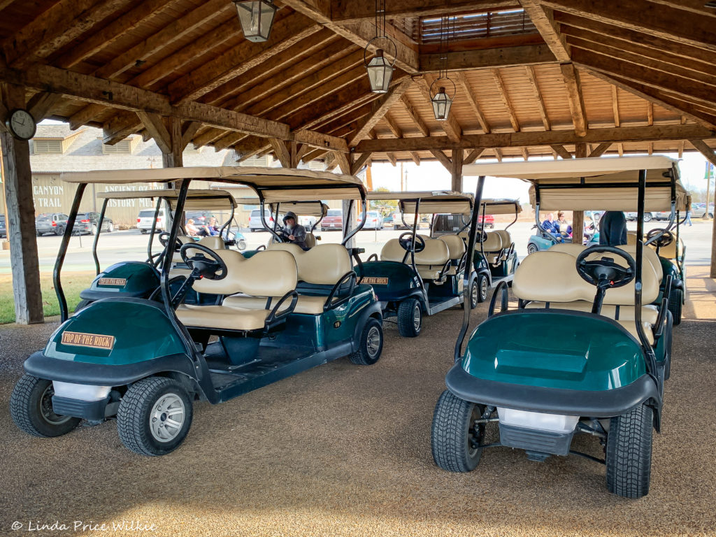 A photo of golf carts lined up and ready for the next adverturers to begin their journey through the Lost Canyon.